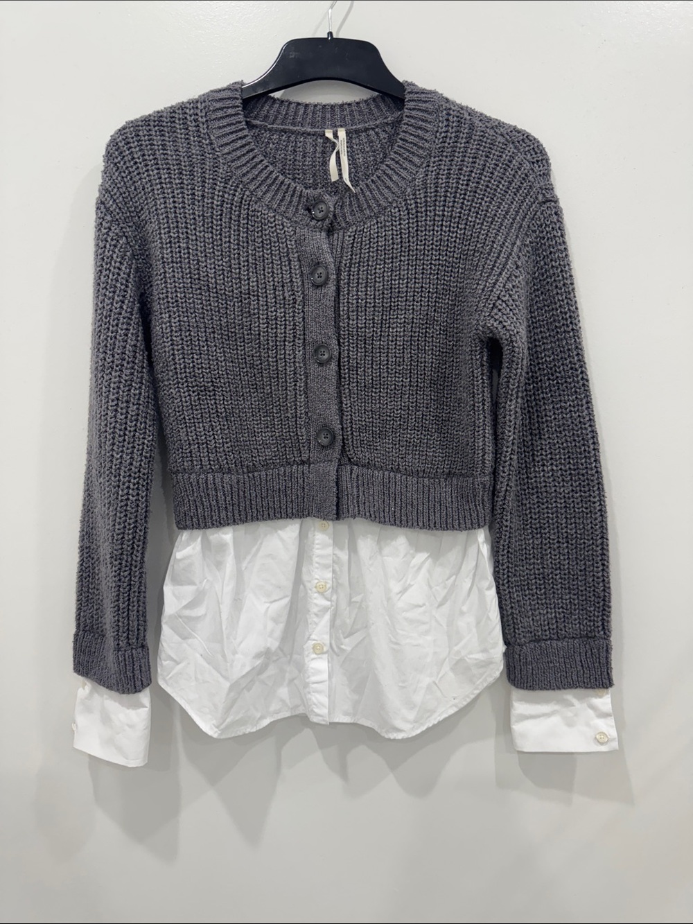 Anthropologie XS Gray Knit Sweater with White Shirt Layered Look